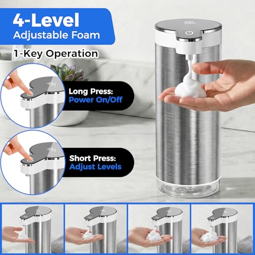 Automatic Foaming Soap Dispenser Touchless, Stainless Steel Hand Soap Dispenser, USB Rechargeable, 4 Adjustable Levels, 11.8oz/350ml for Kitchen and Bathroom (Stainless Steel White, Foam) - color: Stainless Steel White, size: Foam