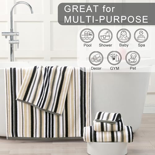 VOOVA & MOVAS Striped Towels 6 Pack, 100% Cotton, Black | Complete Bathroom Matching, Available in 13x13, 16x27, 28x52 In, Quick Dry, Highly Absorbent, Bath Towels with Hanging Loops - color: Gray + Black Striped, size: 6 PCS Bathroom Towels