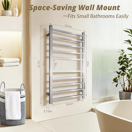 Towel Warmers for Bathroom, 10 Bar Large Heated Towel Rack, Brushed Nickel | Wall Mounted, Built-in 2/4H Timer, IPX4 Waterproof Stainless Steel, Plug-in, Fast Heating Large Capacity for Bathroom Spa Gym