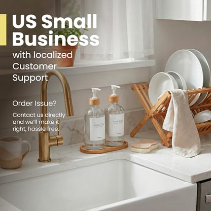 Maisonovo Dish Soap Dispenser Set - Clear Soap Dispenser White Bamboo Pumps | Glass bottles for body wash, lotion, shampoo or conditioner · Sink, bathroom or countertop · Tray, 16.9 oz each - color: Clear Bottles White Bamboo Pumps