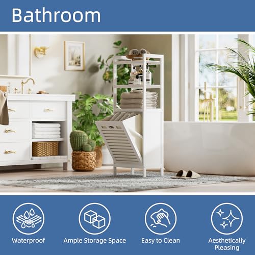 HITNET Bamboo Tilt Out Hamper, 10 Gal Bathroom Laundry Cabinet with Hidden Foldable Basket, Freestanding Clothes Storage Organizer with Storage Shelf, White - color: White