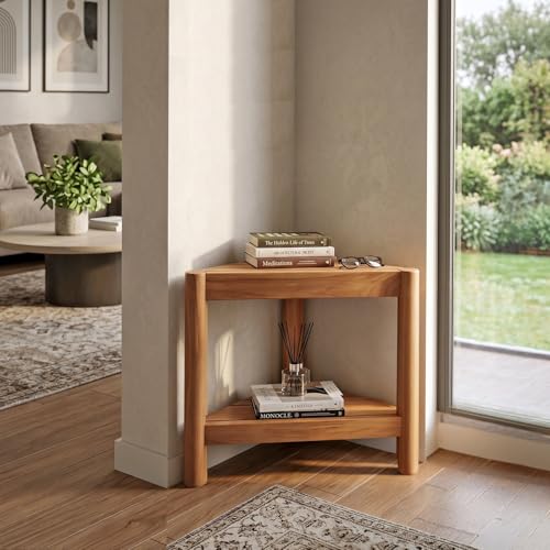 Asta Select Solid Teak Corner Shower Stool, Poratble Teak Wood Spa/Shower/Indoor/Outdoor Stool with Storage Shelf, Teak Wood Shower Corner Table, Teak Accent Table, Fully Assembled, ST-51