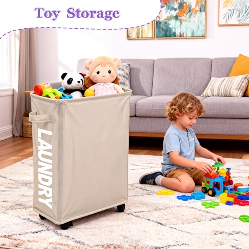 Slim Rolling Laundry Hamper with Wheels, 42L Collapsible Narrow Laundry Basket with Drawstring Mesh Cover, Foldable Dirty Clothes Organizer for Bathroom, Dorm, Small Spaces, Khaki - color: Khaki