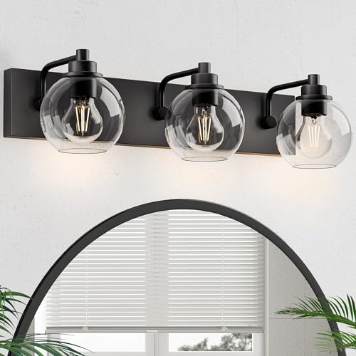 Bathroom Light Fixtures-Matte Black Vanity Lights for Bathroom, Modern Black Vanity Lights 3-Light Bathrooms Lighting Fixtures Over Mirror with Clear Glass Shade - color: ‎Matte Black, size: 3-Light