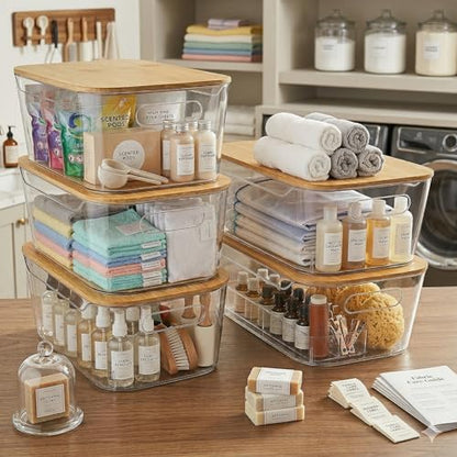 CiWiVOKi 6 Pack Clear Stackable Storage Bins with Bamboo Lids, 3.7L BPA-Free Plastic Organizer Containers with Handles, for Pantry, Kitchen, Fridge, Bathroom, Cabinet & Closet Organization - size: 6 Pack Storage Bins with Lids