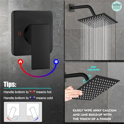 Heyalan 8-Inch Square Rain Shower Faucet Set with Valve, Matte Black | SUS304 stainless steel shower head, male NPT 1/2-inch valve, single-handle control, adjustable angle, 1.8 GPM - color: Black