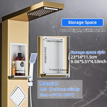Shower Panel Tower System with Storage- Brushed Gold | 304 Stainless Steel 5-Function Shower Panel Faucet Set with Powerful Body Jets, Rainfall, Waterfall,Handheld and Tub Spout - color: Brushed Gold