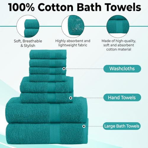 QUBA LINEN Pack of 8 Towels Set, 2 Large Bath Towels, 2 Hand Towels, 4 Wash Cloths, 100% Cotton, Lighter Weight, Quicker to Dry, Super Absorbent, Perfect for Bathroom (Teal) - color: Teal
