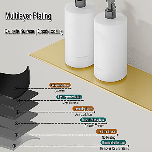HNVNER Brushed Gold Floating Wall Shelves 2 Packs, Shower Shelf 15.7x4.9 | Anodized Aluminum, Rustproof, No Drilling Option, Adhesive Display Ledge for Bedroom, Living Room, Bathroom, Home Office - color: Brushed Gold, size: 15.6 x 4.9 inch