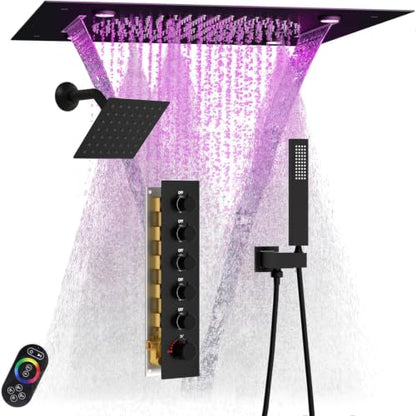 Enga Luxury Dual Shower Head System LED Thermostatic Shower System with 6 inch Wall Shower, 20-Inch 3 Function Shower Head (Rainfall & Mist & Waterfall), Matte Black - color: Matte Black, style: 20" Head (Rain + Mist+Waterfall) - 6" Head