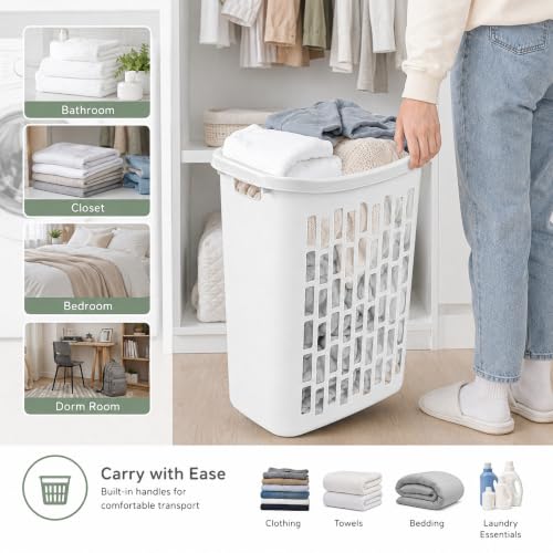 Large Plastic Laundry Hamper, White, Slim Rectangular(2-Pack) | Reinforced Handles, Space-Saving Design, 20x13x24 Inches, Durable Construction, For Bathroom & Dorm, Ventilated,