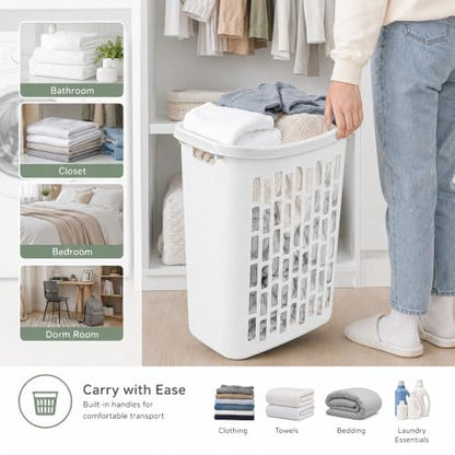 Large Plastic Laundry Hamper, White, Slim Rectangular(2-Pack) | Reinforced Handles, Space-Saving Design, 20x13x24 Inches, Durable Construction, For Bathroom & Dorm, Ventilated,