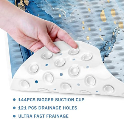 Marble Bath Tub Mat Non Slip, Blue Marble Non Slip Bath Mat for Shower, Large Washable Shower mats for Showers with Drain Holes and Suction Cups,40 X 16 Inch - color: Blue Marble
