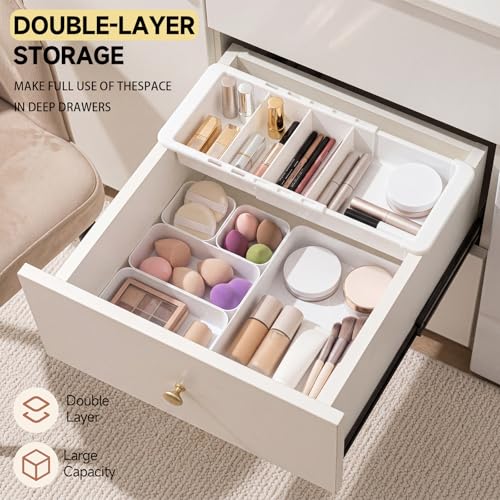27 Pcs Deep Drawer Organizer Bulk, 2 Expandable Hanging Trays with Plastic Drawer Dividers Organizers, Desk Drawers Organizer Trays for Makeup Kitchen, Bathroom, Office, Bedroom, White