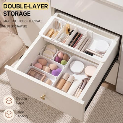 27 Pcs Deep Drawer Organizer Bulk, 2 Expandable Hanging Trays with Plastic Drawer Dividers Organizers, Desk Drawers Organizer Trays for Makeup Kitchen, Bathroom, Office, Bedroom, White