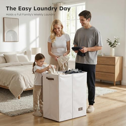 SOLEDI Luxury Double Laundry Hamper with Lid and Removable Bags, 38.3 Gal Large Laundry Bin, Laundry Basket 2 Sections, Collapsible Clothes Hamper for Bedroom, Laundry Room, Bathroom, Off-white - color: Off White, size: 145l