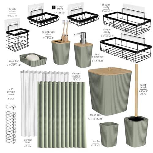 Clara Clark Bathroom Set, Shower Curtain Set and Shower Caddy Hanging | 25 Piece Sage Green Bathroom Accessories Set with Toothbrush Holder, Soap Dispenser, Soap Dish, Toilet Brush, and Trash Can - color: Sage Green, size: Complete Set + Shower Caddy