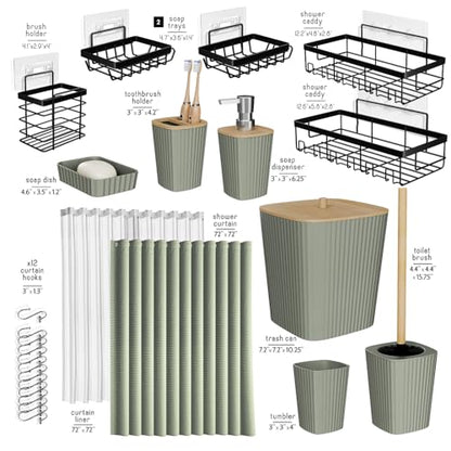 Clara Clark Bathroom Set, Shower Curtain Set and Shower Caddy Hanging | 25 Piece Sage Green Bathroom Accessories Set with Toothbrush Holder, Soap Dispenser, Soap Dish, Toilet Brush, and Trash Can - color: Sage Green, size: Complete Set + Shower Caddy