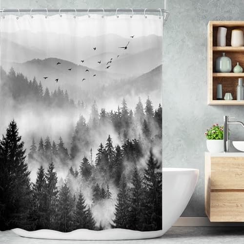 Riyidecor Black White Stall Narrow Rv Small Bathroom Shower Curtain Set | 48"W x 72"L shower curtain， Nature Woods: HD waterproof print, quick-dry cloth, free hooks for easy installation. - color: A-03black, size: 72"W x 48"L (Pack of 1)