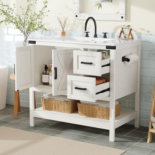 AMERLIFE 36" White Farmhouse Bathroom Vanity with Sink and 2 Drawers | Antique White, Single Solid White Integrated Top, Moisture-Resistant MDF, 2 X-Panel Door, 2 Drawer, Open Shelf, Towel Holder - color: Antique White, size: 36”