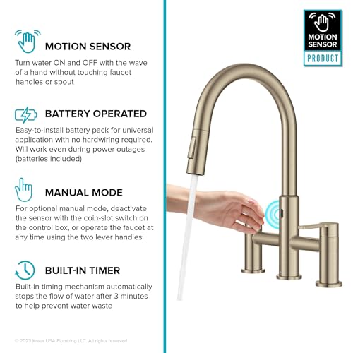 KRAUS Oletto Touchless Sensor Bridge Kitchen Faucet with Pull-Down Sprayhead in Spot-Free Antique Champagne Bronze, KSF-3122SFACB - color: Spot Free Antique Champagne Bronze, style: Bridge Touchless Faucet