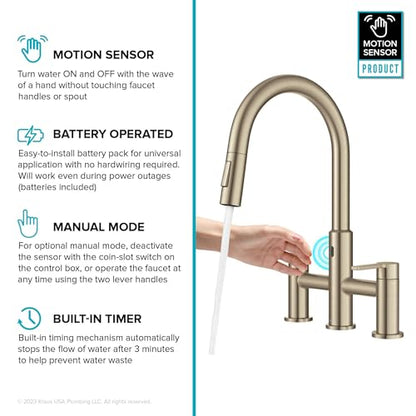 KRAUS Oletto Touchless Sensor Bridge Kitchen Faucet with Pull-Down Sprayhead in Spot-Free Antique Champagne Bronze, KSF-3122SFACB - color: Spot Free Antique Champagne Bronze, style: Bridge Touchless Faucet