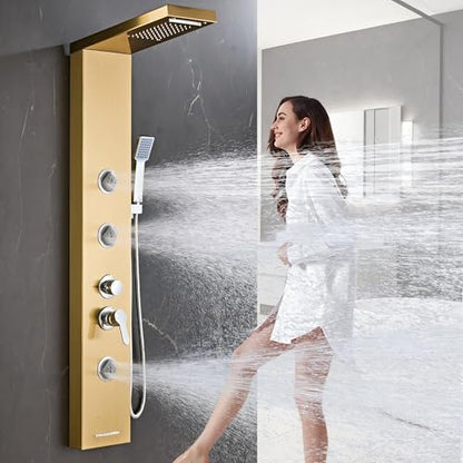 6 in1 Multi-Function Shower Panel Tower System-Brushed Gold | 304 stainless steel Shower Panel Column Tower with Powerful Body Massage, Rainfall, Waterfall,Handheld and Tub Spout - color: Brushed Gold, style: HSY-003
