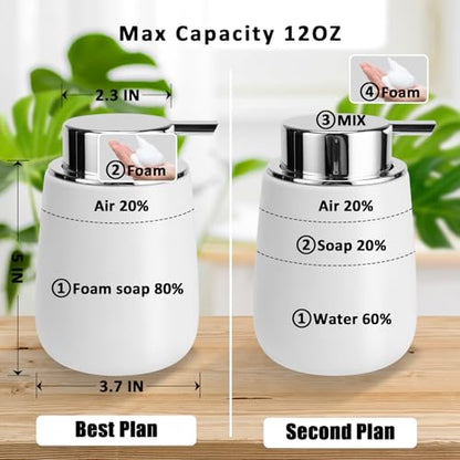 Soap Foaming Dispenser Ceramic with Easy-to-Press Pump Hand Foam Dispenser for Shampoo Bathroom Kitchen 12 oz 2pcs - color: Foam-silverwhite