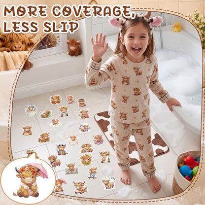 Fullhawl 30 Pcs Highland Cow Non Slip Shower Stickers, Bathtub Safety | 30 Pack Highland Cow Theme, Cute Farm Style Design, Non Slip Grip Surface, Fun Safety Decor for Bathroom Use - style: Highland Cow