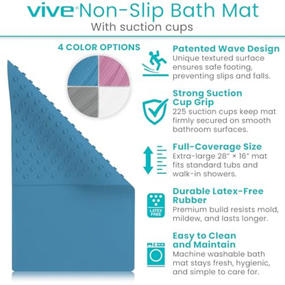 Vive Non-Slip Bath Mat with Suction Cups - 28" x 16" Extra Large Rubber Mat | For Safety & Comfort - Patented Grip Prevents Slips and Falls for Kids, Elderly, Men, Women - XL Non Skid Shower & Tub Cover - color: Blue