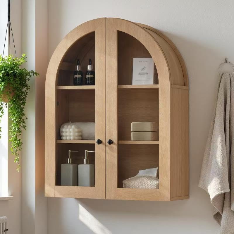 Bathroom Arched Wall Cabinet, 23.5'' Wide Medicine Cabinet, Bathroom Cabinet Wall Mount W/ Glass Doors & Adjustable Shelves, Over The Toilet Storage Cabinet for Laundry Room, Bedroom,Kitchen,Natural - color: Natural