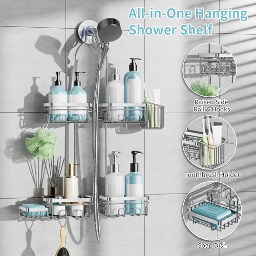 KEGII Hanging Shower Caddy for Handheld Showerheads, Silver | Rustproof Over Showerhead Organizer with Soap Dish, Toothbrush Holder and Hooks for Bathroom Shower Storage - style: Silver – 2-Tier Hanging Shower Caddy