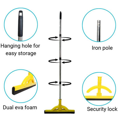 2-in-1 Heavy Duty Floor Squeegee and Water Broom with Telescopic Handle, EVA Foam Blade for Tile, Concrete, Marble, Garage, Patio and Shower Cleaning