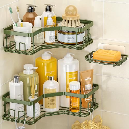 MAXIFFE 3 Pack X-Large Corner Shower Caddy with Soap Holder, Large Capacity Sturdy Easy Install No Drilling Stainless Steel Hold 40 LB Shower Organizer Shelves Rack for Family Renters Bathroom, Green - color: Green XL