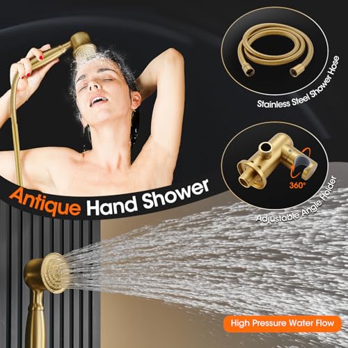 Rainfall Shower System Shower Faucet Set, Luxury, Antique, Brushed Gold | 9 Inch Single Function Shower Head, Pressure Balance Valve, Wall Mounted, Bathroom, Shower Trim Kit - color: Brushed Gold, style: With Handheld