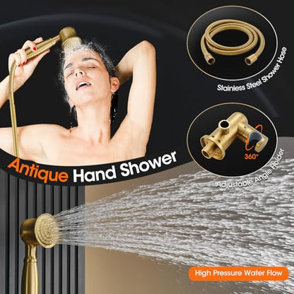 Rainfall Shower System Shower Faucet Set, Luxury, Antique, Brushed Gold | 9 Inch Single Function Shower Head, Pressure Balance Valve, Wall Mounted, Bathroom, Shower Trim Kit - color: Brushed Gold, style: With Handheld