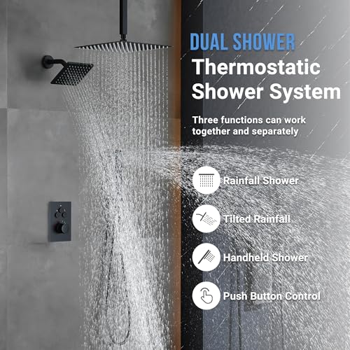Thermostatic Dual Shower Head System, Matte Black Shower Faucet | 12 Inch Ceiling Rainfall Shower, 6 Inch Wall Mount Head, High Pressure Handheld Sprayer, Push Button Valve - color: Matte Black