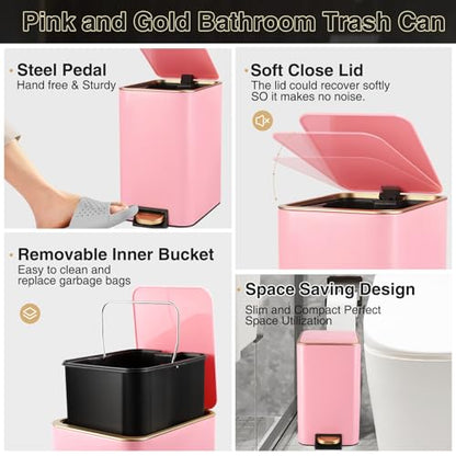 XLHOMO Pink Bathroom Accessories Set 8 Piece Pink and Gold Bathroom Set, Bathroom Sets with Stainless Steel Trash Can,Toilet Brush,Toothbrush Set,Soap Dispenser - size: Pink, style: Bath Set
