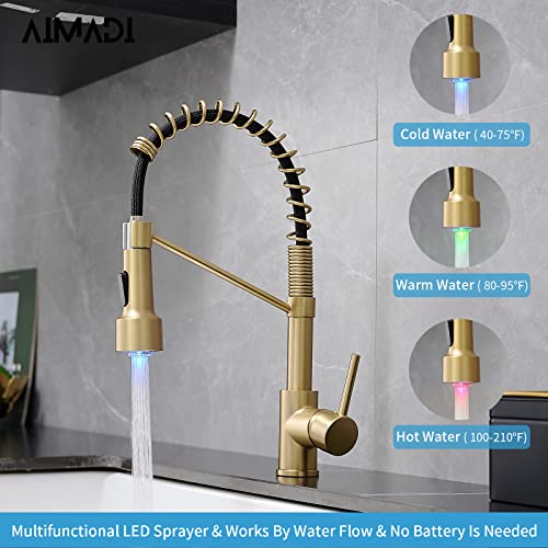 AIMADI Gold Kitchen Faucet with Sprayer,Modern Single Handle Spring | Brushed Gold Pull Down Kitchen Faucet with LED Light - color: Brushed Gold led
