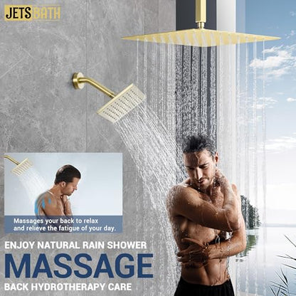16" Thermostatic Dual Rainfall Head Shower System with Handheld & Valve, 16” Ceiling Shower Faucet Set with 6-Inch Shower Head, JetsBath Brushed Gold Full Body Shower System for Couples/ 2-Person - color: Brushed Gold