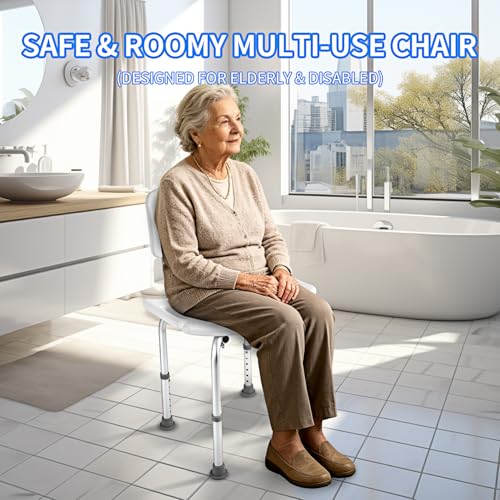Shower Chair with Back, 300 lbs Capacity Heavy Duty Bath Seat, 6-Level Adjustable Height Shower Seat for Inside Shower, Tool-Free Assembly Aluminum Shower Stool with Back for Elderly Adults