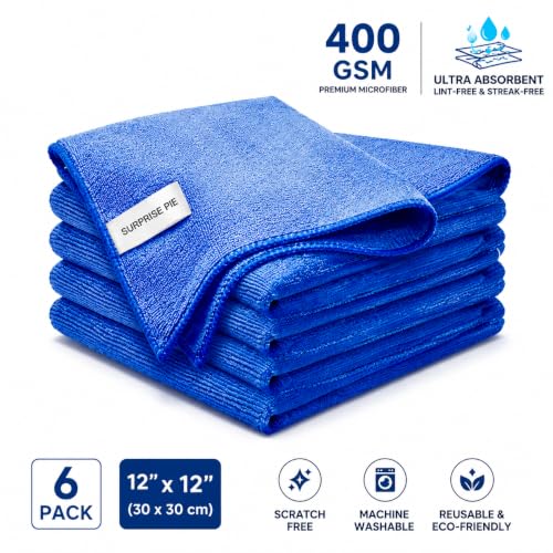 Premium Microfiber Cleaning Cloths, Ultra Absorbent Lint-Free Towels for Kitchen, Glass, Car Care, Stainless Steel & Household Cleaning, 400 GSM, 12" x 12" - color: Blue