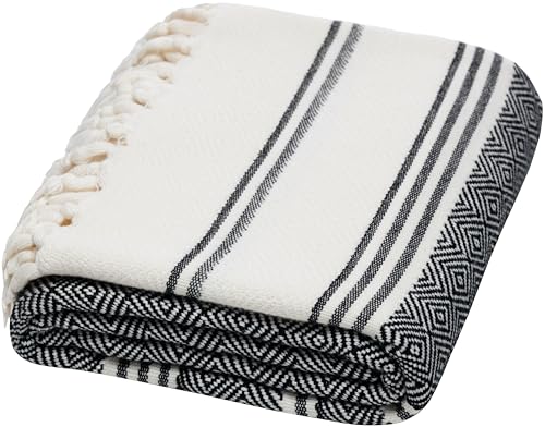 DEMMEX Organic Diamond Turkish Bath & Beach Towel | 100% Oeko-TEX Certified Turkish Cotton, Ultra-Soft, Quick-Dry, Lightweight, Compact & Oversized Luxury Peshtemal Towel, Prewashed, 71"x36", Black - color: Black