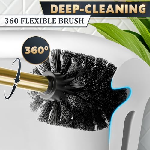 Stainless Steel Toilet Brush and Holder Set, Splash Guard (Gold) | Toilet Bowl Brush and Holder, Removable Inner Bowl, Dense Bristles, Long Handle, Scratch Resistant, for Modern Bathrooms - color: Gold