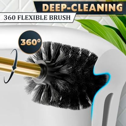 Stainless Steel Toilet Brush and Holder Set, Splash Guard (Gold) | Toilet Bowl Brush and Holder, Removable Inner Bowl, Dense Bristles, Long Handle, Scratch Resistant, for Modern Bathrooms - color: Gold