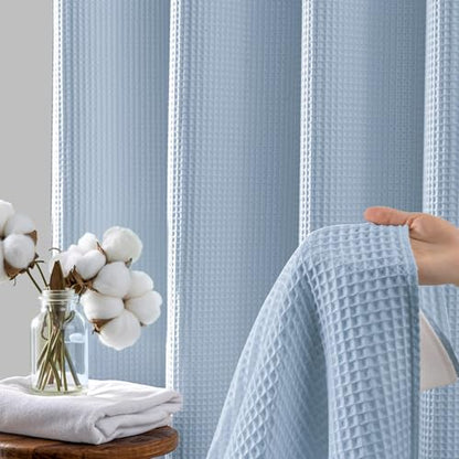 River Dream Cotton Blend Shower Curtain Set with Liner, Misty Blue, 54x80 | Waffle Weave, No Hook Needed, with Snap in Replacement Liner, Top Sheer Window, Hotel Quality Fabric for Bathroom - color: Misty Blue, size: 54"W x 80"L (Pack of 1)