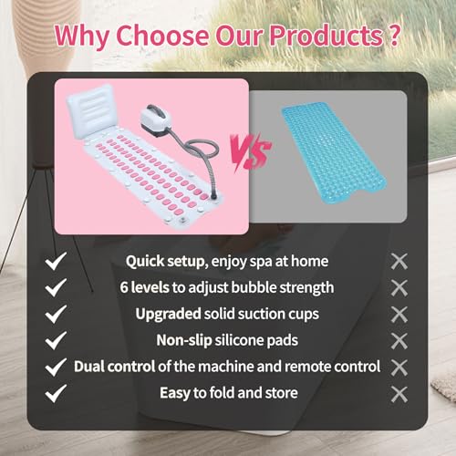 Bubble Bath Massager Mat with 6-Level Adjustment & Remote Control | Upgraded anti-slip suction cup，Inflatable pillow，Portable storage，Relieve muscle soreness and fatigue - color: Pink