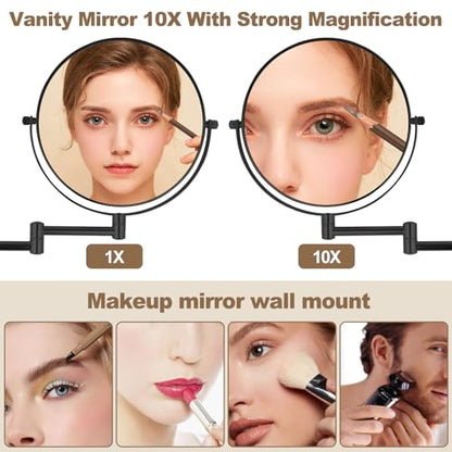 8” Wall Mounted Makeup Mirror with10X Magnification, Double Sided Shaving Mirror Wall Mount for Bathroom, 360° Swivel Extendable Vanity Mirror with Adjustable Arm for Daily Use, Matte Black（No Light）