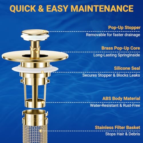 Bathroom Sink Drain Strainer, Pop-Up Bathroom Sink Stopper with Removable Stainless Steel Hair Catcher Basket, Universal Fit for US Bathroom Sinks, Showers & Floor Drains (2pcs-Gold) - color: 2pcs-gold