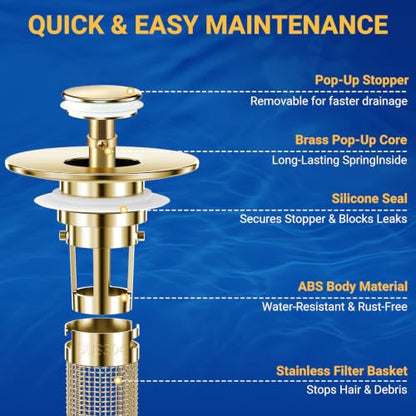 Bathroom Sink Drain Strainer, Pop-Up Bathroom Sink Stopper with Removable Stainless Steel Hair Catcher Basket, Universal Fit for US Bathroom Sinks, Showers & Floor Drains (2pcs-Gold) - color: 2pcs-gold